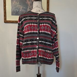 Tally Ho Red and Gray Patterned Cardigan